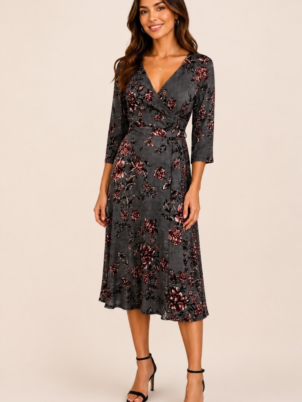 VTG RONNI NICOLE 1990s Monochrome Gingham Floral Surplice Waist Tie Midi Dress